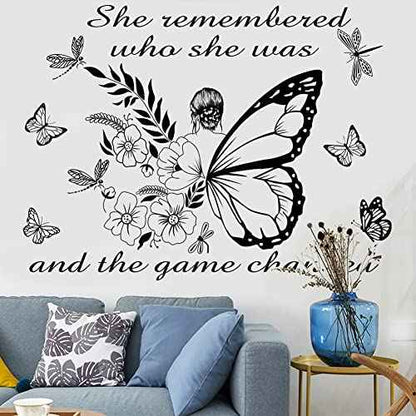 Inspirational Wall Art Quote - 'She Remembered Who She Was' - Positive Motivational Butterfly Decor for Women's Bedroom & Living Room - Yoga Studio & Beauty Salon Decor