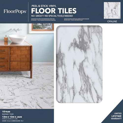 FloorPops FP3329 Opaline Peel Stick Floor Tiles, White & Off-White
