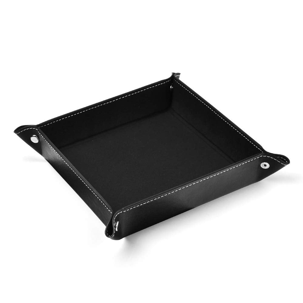 Oirlv Premium Leather Valet Tray for Men Jewelry Organizer, Desktop Storage,Key Wallets Cell Phones Catchall Tray Nightstand or Dresser Organizer Plate (Black)