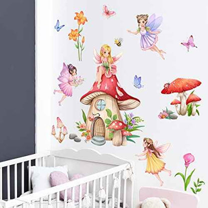 Fairy Girls Wall Decals Mushroom with Flowers Butterfly Wall Stickers for Baby Nursery Girls Bedroom Wall Decor