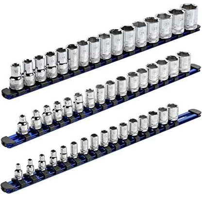 ARES 60125-3-Piece Blue 17-Inch Aluminum Socket Rail Set with Locking End Caps - Includes 1/4-Inch, 3/8-Inch, and 1/2-Inch Drive Rails - Each Aluminum Rail Stores up to 16 Sockets