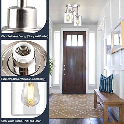 ROTTOGOON Semi Flush Mount Ceiling Light, 3 Light Close to Ceiling Light Fixtures, Brushed Nickel Finish Kitchen Light Fixtures with Clear Glass Shades, Modern Hallway Lights Fixtures Ceiling Mount