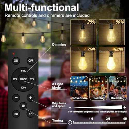 50FT Outdoor String Lights Waterproof with 32+2 Bulbs (1.5FT Bulbs Spacing), Remote & Dimmer, Commercial Patio String Lights with 3 Mode Light & Timing, 50PC Mounting Ties for Outside