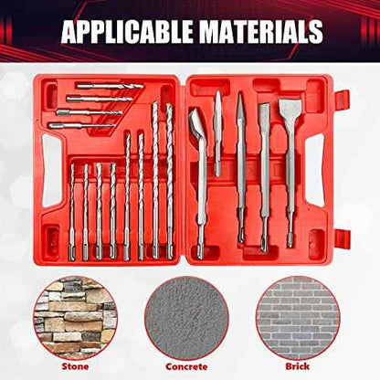 17PCS Rotary Hammer & Chisels Masonry Drill Bit Set, SDS Plus Drill Bits Set, Fit for Drilling and Cutting in Concrete,Brick,Walls