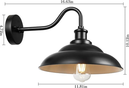 Outdoor Gooseneck Barn Light, 12'' Farmhouse Exterior Wall Mount Light, Outdoor Indoor Wall Sconce, Exterior Porch Lighting Fixture, Industrial Outside Black Lantern for Entryway Garage, 3 Pack