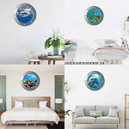 OTDCGI 11 Inch Round 3D Porthole Window Adhesive Stickers - Ocean Theme (Sea Turtle, Shark, Dolphin) - Waterproof Vinual Decals for Kids Room, Bathroom, Glass Decor - Set of 4