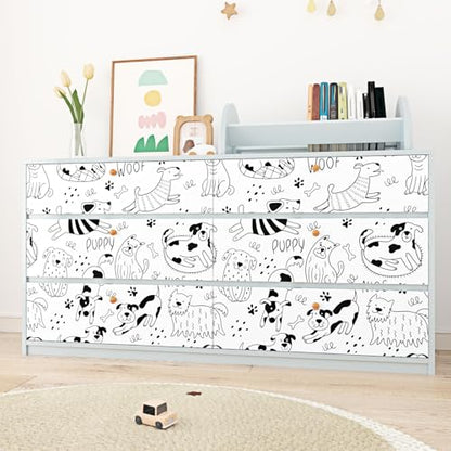 Black and White Dog Wallpaper Peel and Stick White Contact Paper Animal Nursery Wallpaper Fun Puppy Self Adhesive Contact Paper for Walls Kids Room Bedroom Cabinet Liner Dog Decor 17.5"x102"