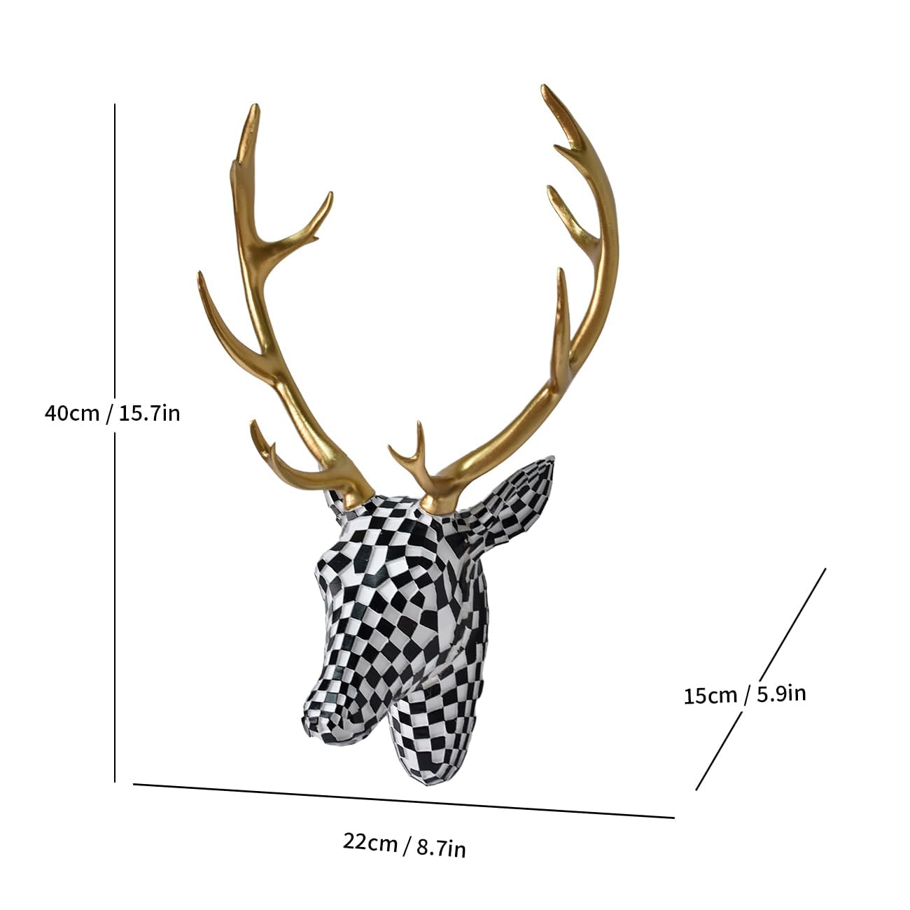 GIGICICI Mosaic Deer Head Wall Decor 15.7x8.7 Inch, Artistic Faux Resin Animal Head Wall Sculpture Hanging for Living Room Bedroom Kitchen Office, Black-White Gift
