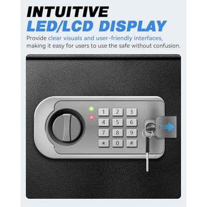 Small Safe Box for Home - 1.0 CuFt Mountable Cabinet with Motion Light & Dual Alarm, Digital Keypad & Override Key, Removable Shelf - Compact Black Safe for Cash, Jewelry, and Documents