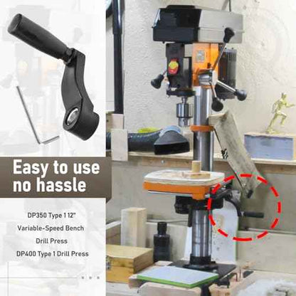 Drill Press Table Elevation Crank Handle 1344258 for Delta drill Press Table, having a 14.5 mm (9/16") diameter elevating shaft and 6" swing
