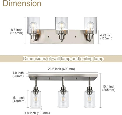 VINLUZ 3 Light Interior Wall Mounted Lights Metal Black Bathroom Lighting Multi-Directional Rotating Metal Ceiling Light Fixture with Clear Glass Industrial Spotlight for Kitchen Foyer