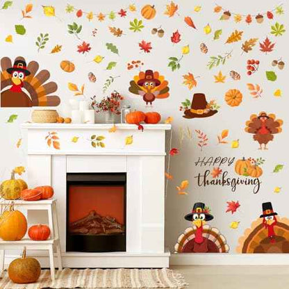 ReliThick 6 Sheets Thanksgiving Wall Decals Turkey Pumpkin Maple Leaves Stickers Thanksgiving Peel and Stick Fall Decor for Home Bedroom Bathroom Wall Door Window Decor