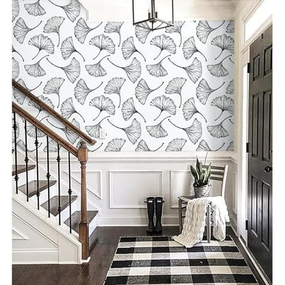 CiCiwind Black and White Peel and Stick Wallpaper Removable Self-Adhesive Wall Paper for Bedroom Bathroom Ginkgo Leaves Contact Paper Modern for Living Room 17.3In¡¿118In