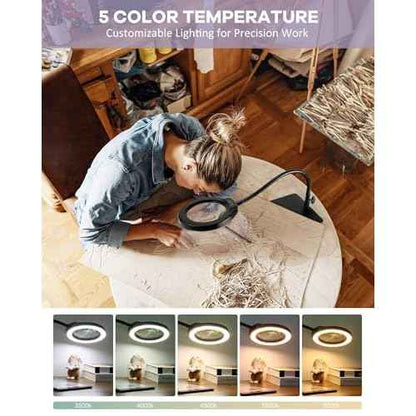 5 Inch Large Magnifying Glass with Light and Stand, 10X Hands-Free Desk Lamp & Clamp, 5 Color Modes Stepless Dimmable Flexible Gooseneck, LED Lighted Magnifier for Repair Crafts Close Work Painting