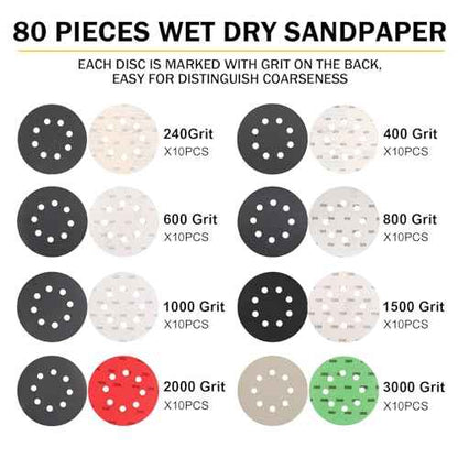 80Pcs 5 Inch Wet Dry Sanding Discs Hook & Loop,Waterproof Sandpaper Silicon Carbide 240 to 3000Grit for Random Orbital Sander, Sanding Disc for Automotive Wood Metal Polishing & Sanding