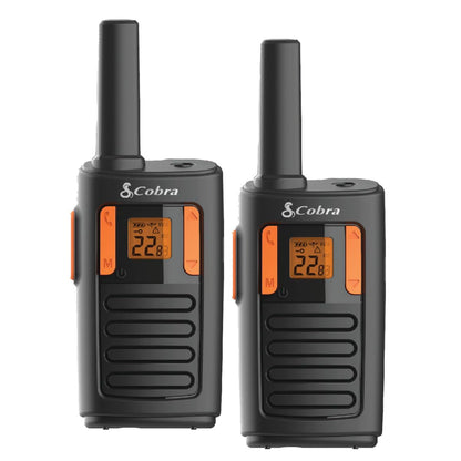 Cobra RX680 Walkie Talkies (2-Pack) - Rugged & Splashproof Two Way Radios Long Range, IP54 Water Resistant Design, 60 Pre-Programmed Channels, Weather Alerts, Included Charging Dock (Black/Orange)