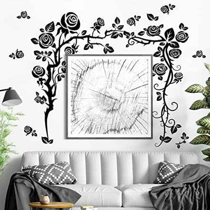 Amaonm Creative 3D Black Vinyl Flowers Wall Stickers - Removable DIY Flower Vine Wall Decals for Roses & Leaves Decor