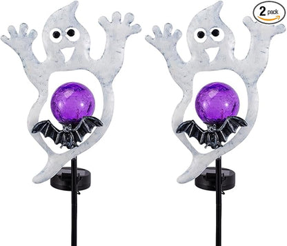 Viveta Solar Halloween Lights, 2 Pack Ghost Solar Lights Outdoor with Color Changing Crackle Glass Ball for Halloween Decorations Outdoor Garden Yard