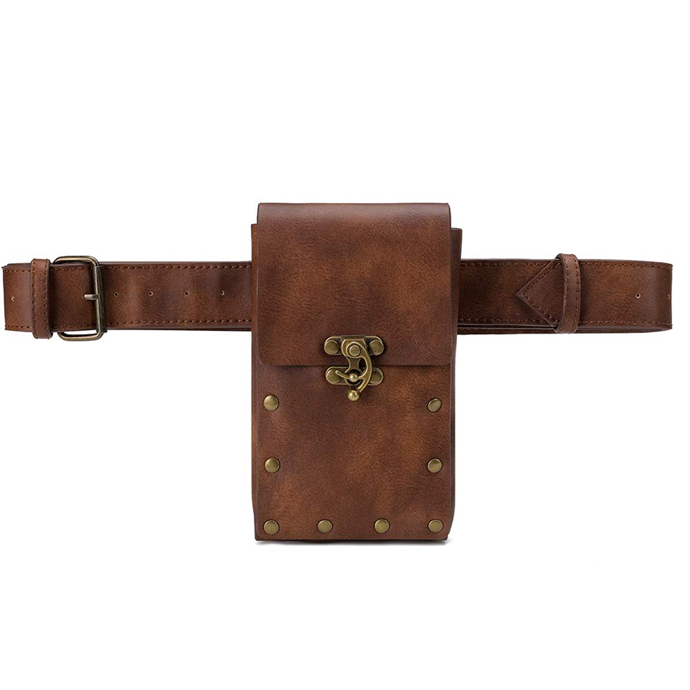 Belt Pouch Waist Bag Fanny Pack Medieval Vintage Leather Pouch Cellphone Holder Holster Carry Belt Purse Pocket Casual Hiking Festival Renaissance Faire Costume Props Travel Wallet (Brown)