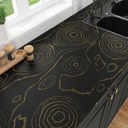 Black Wood Contact Paper for Countertops Gold Growth Ring Wood Wallpaper Removable Self Adhesive Vintage Stick on Wallpaper for Cabinets Table Walls Wooden Grain Wall Covering 15.75"x78"