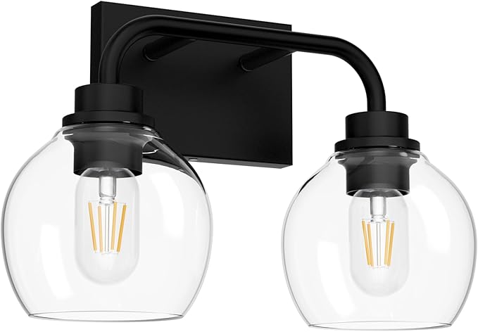 Tipace 2 Lights Industrial Bathroom Vanity Light Fixtures Over Mirror Black Vintage Vanity Lights with Globe Clear Glass Farmhouse Wall Sconces Fixture(Exclude Bulb)