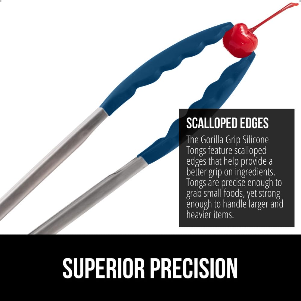 GORILLA GRIP Stainless Steel Heat Resistant Kitchen Tongs for Cooking, 9 + 12 Inch, Set of 2 BBQ Tong, Non Scratch Silicone Tip for Pan, Strong Grip, Grab Food, Toss Salad, Air Fryer, Pull Lock, Black
