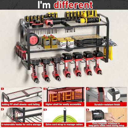 Power Tool Organizer Wall Mount, Upgraded 7 Drill Holder Wall Mount, Large 3-tier Cordless Tool Organizer & Storage Rack, Tool Shelf with Screwdriver/Plier/Hammer Holder, Men's Present (Black)
