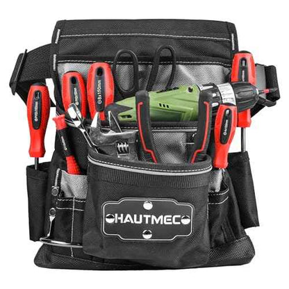 HAUTMEC Heavy Duty Framing Tool Belt Electrician Tools Pouch Organizer Work Belts, 12-Pocket 1680D Tool Bag with Waist Strap Hammer Holder and 360¡ÆReflective Strips, Black & Gray
