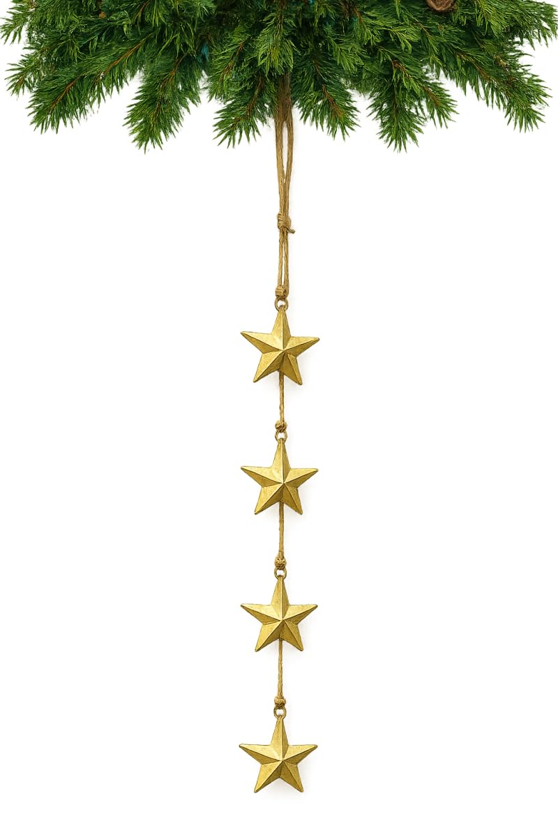 Rustic Gold Star Garland with Rope – Handmade Brass Metal Hanging Star Cluster for Farmhouse, Cow Bell Cluster, Christmas, Holiday, and Outdoor Garden Decor (Star Garland 24")
