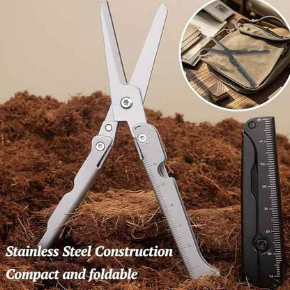 Compact 2-in-1 Foldable Scissors with Measuring Ruler - Stainless Steel, Lightweight, Portable for EDC, Camping, Survival, and Outdoors (Silver)