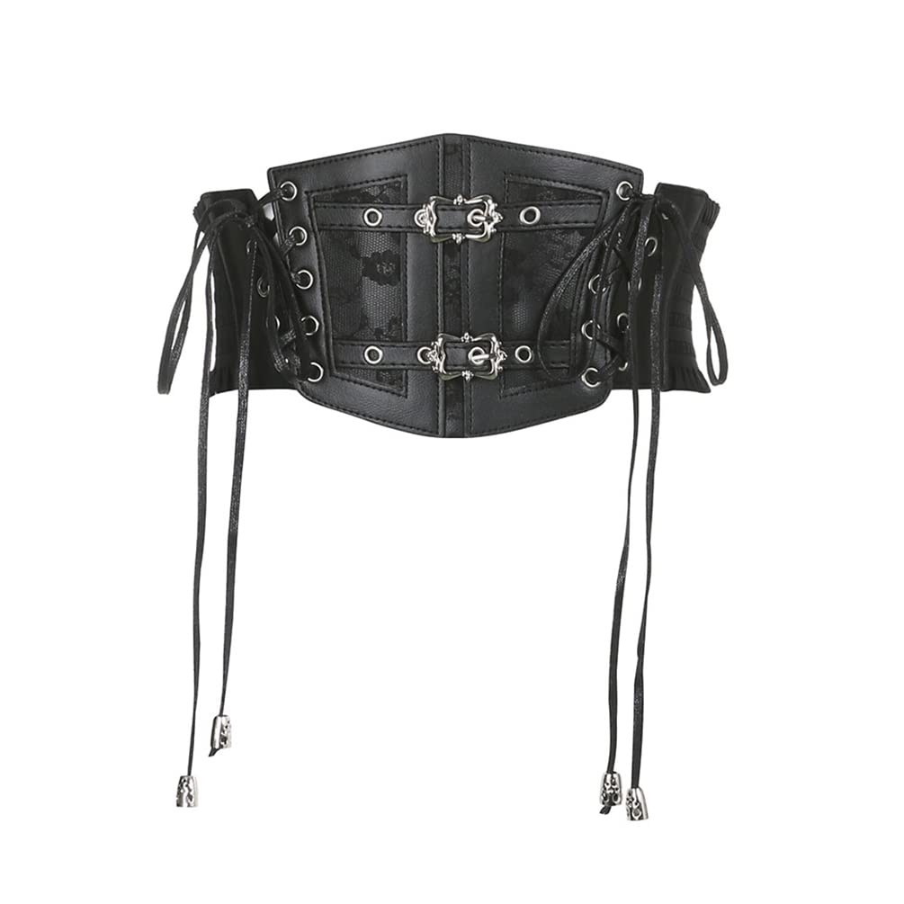 Sup-Coente Goth Black Wide Waist Belt Women Leather Elastic Stretch Corset Belt Gothic Punk Victorian Pirate Alt Emo Fashion