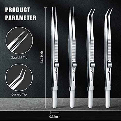 4 Pieces Precision Soldering Tweezer ESD Industrial Electronic Tweezers Tool Set Include Fine Point Tip Straight Tweezer and Locking Curved Tip Precision Tweezer for Jewelry Makeing Craft
