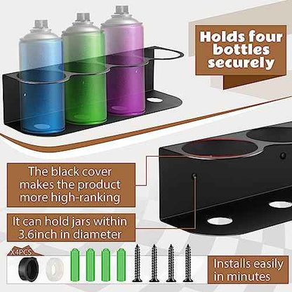 Therwen 2 Pcs 4 Holes All Purpose Steel Spray Bottle Holder Heavy Duty Can Holder Rack Organizer Easy Install Wall Mount Paint Spray Bottle Organizer Storage Rack for Garage Home Workspace(Black)