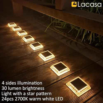 Lacasa Solar Deck Lights, 8 Pack 30LM LED Dock Lights Warm White 2700K, Outdoor Solar Powered Step Lights Light up All Night IP68 Waterproof Auto ON/Off for Garden Stairs Driveway Pathway Lighting
