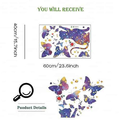 Fantasy Starry Sky Cat Butterfly Wall Stickers,sacinora Cartoon Kitten Animal Wall Decals Removable Vinyl Peel and Stick for Living Room Nursery Children's Room Bedroom Art Decorations