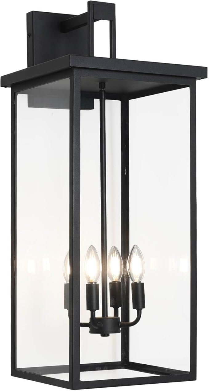 tewei 30In Large Size Square Outdoor Wall Lantern, Modern Black Outside Light for House Waterproof Porch Lights Outdoor Wall Sconce with Clear Glass Shade for Garage Porch Door, E12 Base (1 Pack)