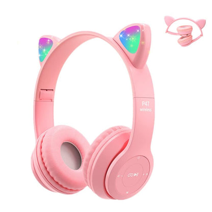 Megadream Kids Wireless Headphones, Bluetooth Over Ear Headphones with Microphone, Cat Ear LED Light Child Headset TF Card/Wired Foldable Earphones for Girls Boys Gift Age 7+ (Pink)