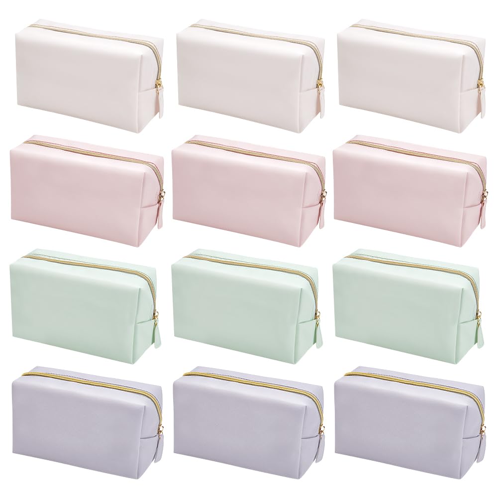 INTERWARM 12Pcs 4 Color Makeup Bag PU Leather Cosmetic Pouch, Bridesmaid Makeup Bags Bulk Zipper Cosmetic Pouch Waterproof Small Portable Toiletry Bag for Women Travel Wedding Party Favors