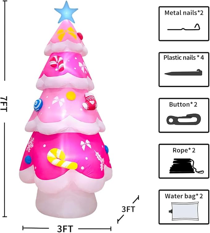 KOOY 7FT Inflatable Christmas Tree Pink Christmas Blow up Yard Decoration with LED Lights for Party Holiday Outdoor Indoor Lawn Winter Xmas Décor