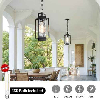 BesLowe 15¡± Outdoor Pendant Light with LED Bulb, Modern Hanging Lantern Light for Outside with Water Ripple Glass, Black Exterior Pendant Lighting Fixture, Outdoor Chandelier for Front Porch, Gazebo