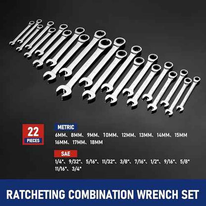 Ratchet Wrenches Set, 22-Piece Combination Wrench Set, Metric & SAE, Anti-Slip Grip, CR-V Steel, 1/4" to 3/4" & 6mm to 18mm, Portable Oxford Pouch Organizer