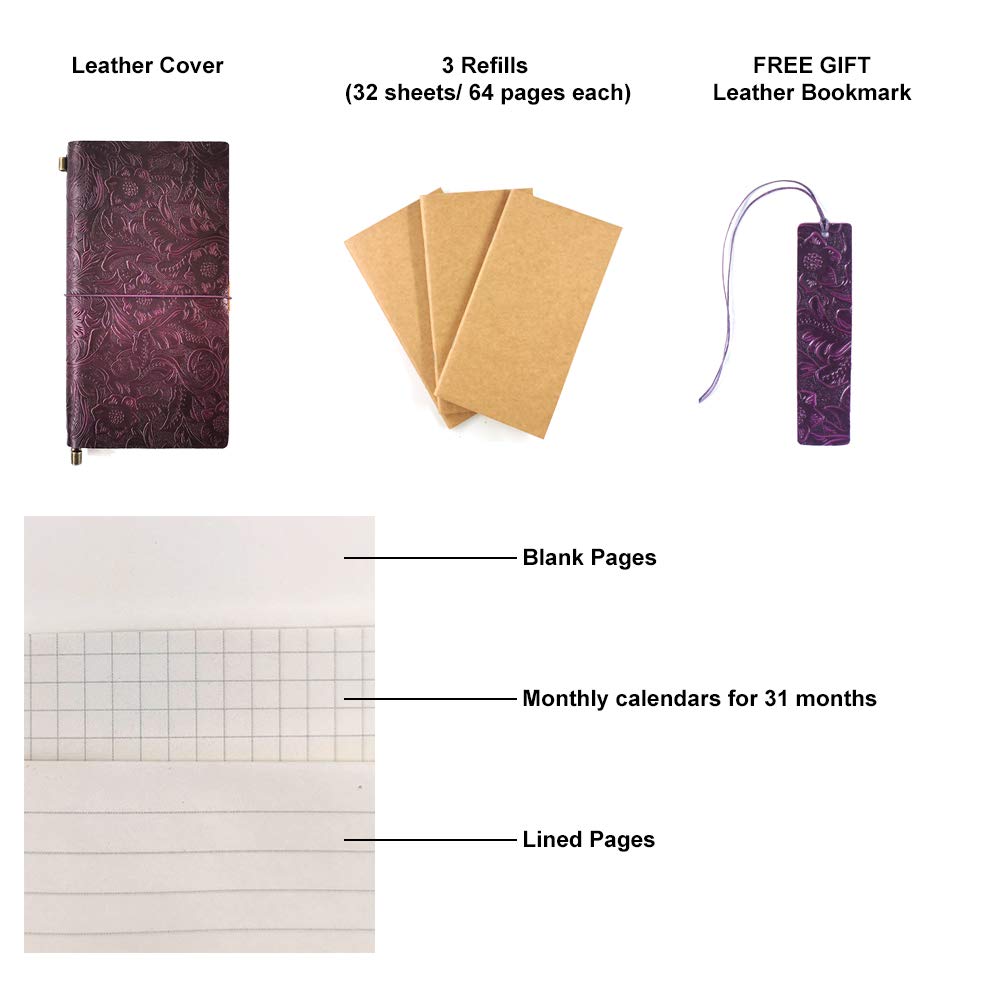 Refillable Leather Journal, Handmade Purple Leather Notebook with Bookmark for Men & Women, Vintage Leather Notepad Sketchbook Perfect for Writing, Gifts, Travelers (Purple, Standard)