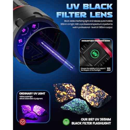 DARKBEAM UV Flashlight 365nm Blacklight 6xLED Quad-core Black Light, Rechargeable Ultraviolet Flashlights USB -C Powerful 80W Woods lamp, Detector for Rock, Pet Urine, Uranium Glass, Resin Curing