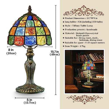 Small Tiffany Lamp Stained Glass Table Lamp Crystal Square Style,8 Inches Wide Lamp Shade Tiffany Style Night Light,15.7 Inches Tall Vintage TLamp for Bedroom Bedside