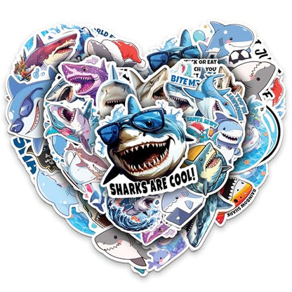 Shark Stickers 50 Pieces Vinyl Waterproof Decal for Laptop Water Bottle Phone Car Window Bike Motorcycle Stakeboard Scrapbook Sharks Sticker Gifts for Kid Teen Adult