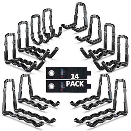 3-H Heavy Duty Garage Hooks 14 Pack, One-Piece Construction Garage Wall Hooks, Garage Hanger & Organizer Wall Mount for Ladders, Bikes, Chairs, WeedEaters, Shovels, Garden Tools (Black)