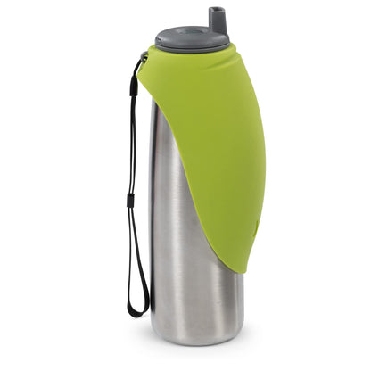 Messy Mutts Double Wall Vacuum Insulated Stainless Steel Travel Water Bottle with Silicone Flip Up Bowl | Pet Travel Necessity | Camping, Hiking, Walking Accessory | 20 oz / 600mL | Green