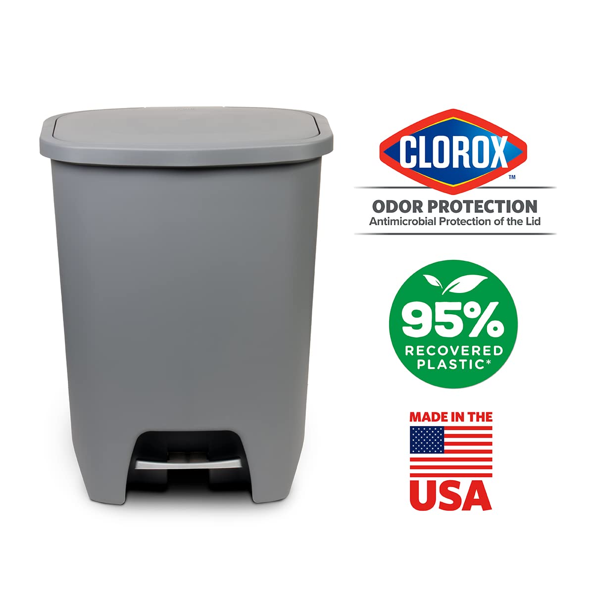 Glad Premium 20 Gallon Trash Can - Plastic Kitchen Waste Bin with Odor Protection of Lid, Stainless Steel Step On Foot Pedal and Garbage Bag Rings, Black
