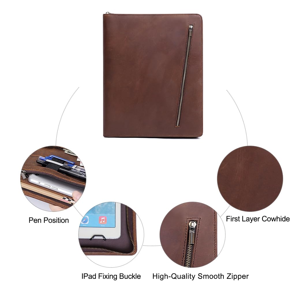 Crazy Horse Leather Portfolio Binder with 3-Zipper, Executive Padfolio Business Organizer & Resume Portfolio with iPad Holder, Legal Pad Portfolio for Men, Meetings, Interviews & Business Travel