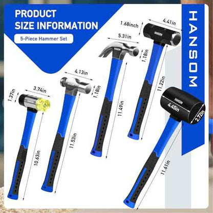 5-Pack Hammer Set,Rubber Mallet 32oz, Double-Faced Mallet 22oz,16oz Claw Hammer,16oz Ball Peen Hammer,3lb Sledge Hammer,Ergonomic Handle
